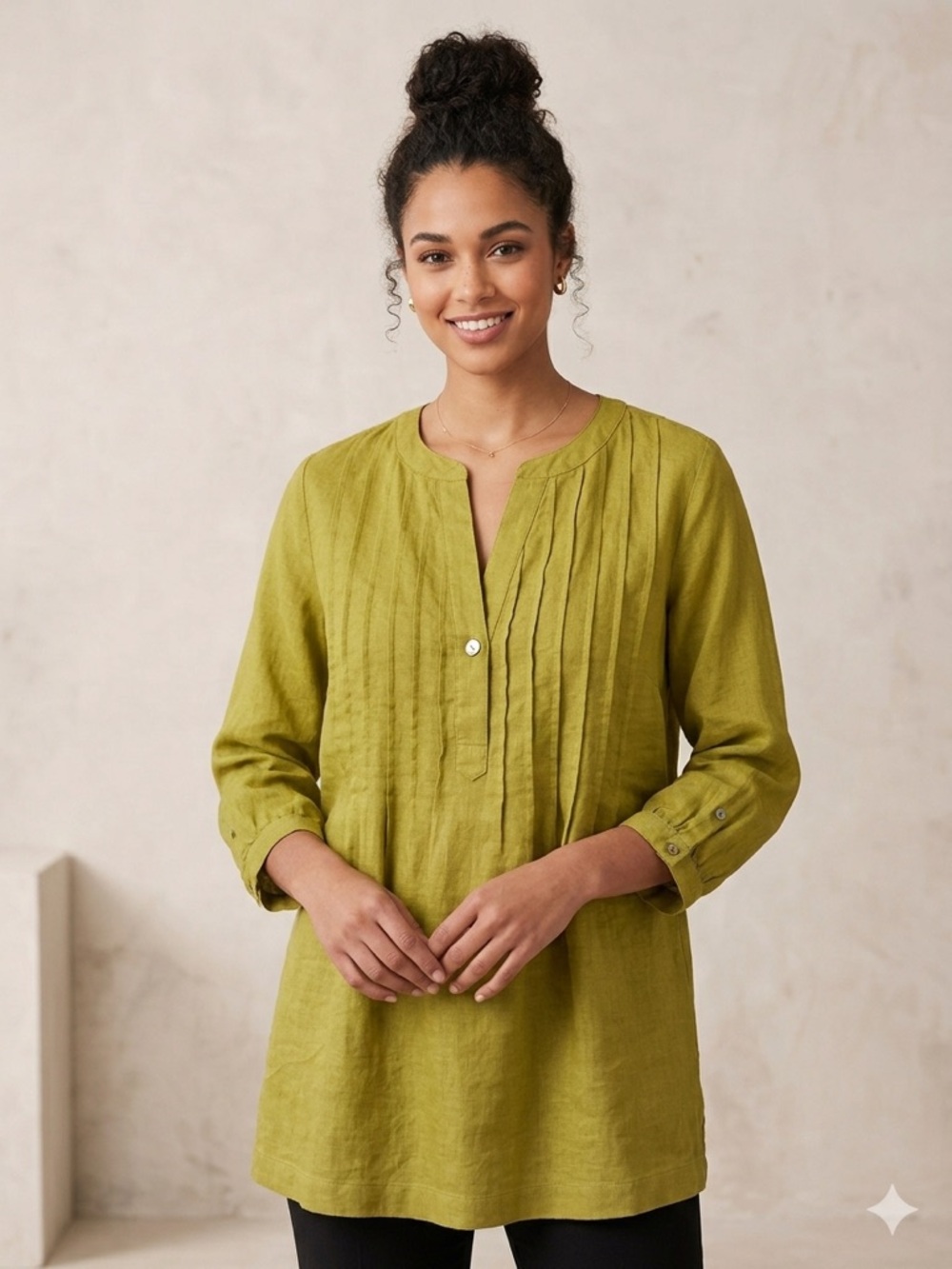 John Mark Olive Green Linen Pintuck Tunic NWT